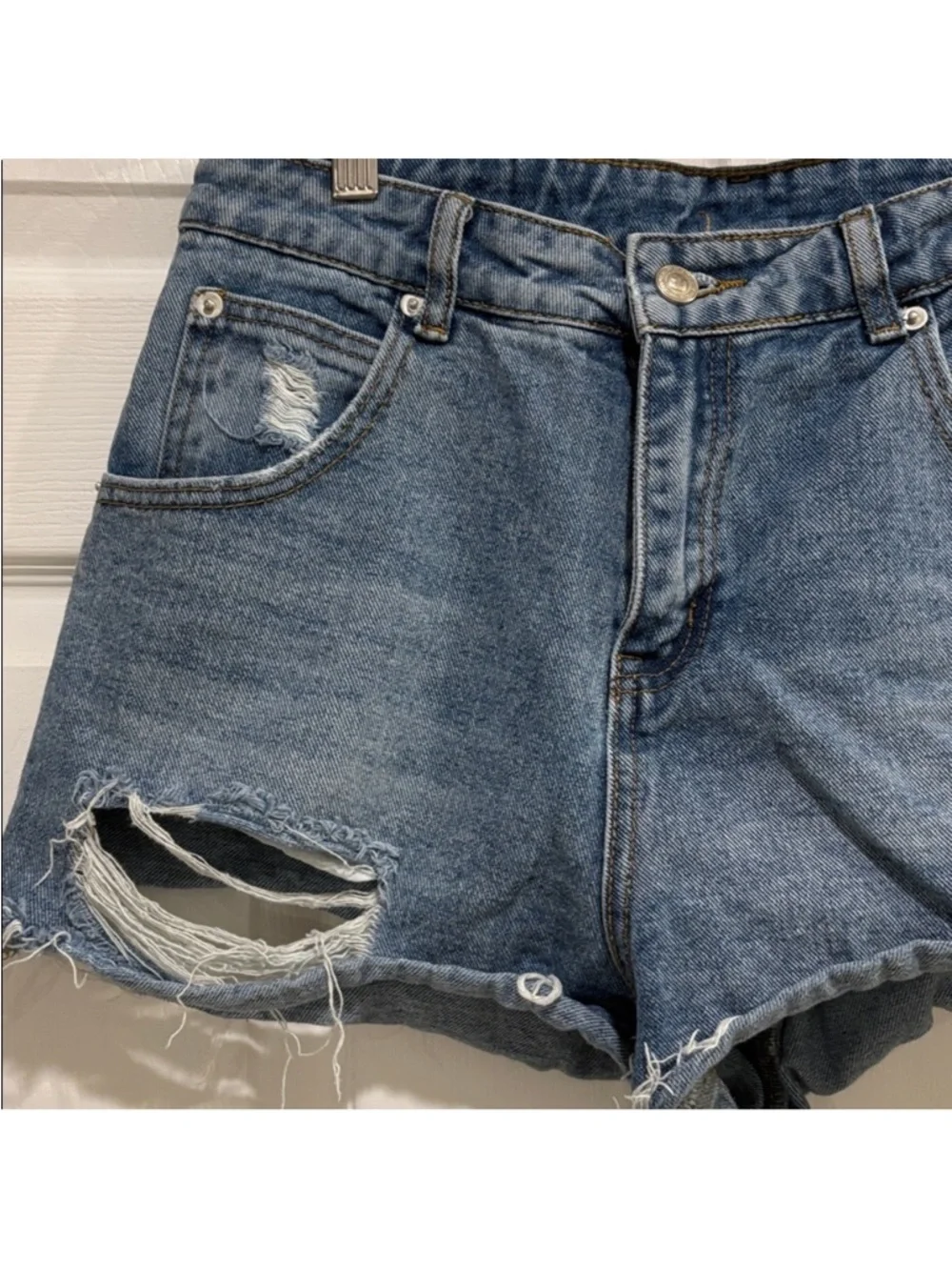Princess Polly Distressed Mid-Blue High-Rise Denim Shorts